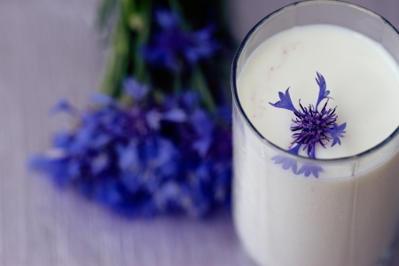 glass of milk and a bouquet of cornflowers on a purple tableの写真素材