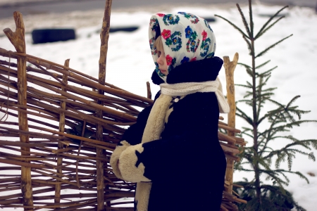 Baby girl's portrait in old russian style with pavlovsky posad shawlsの写真素材