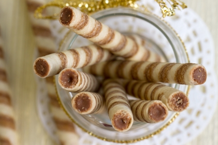 Wafer roll sticks cream rolls in a cupの写真素材