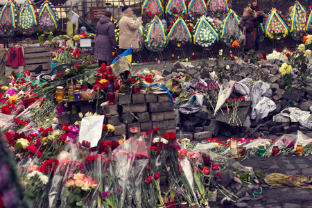 Kiev, Ukraine, February 27: flowers and the lamps in memory of those killed on evromadane in...