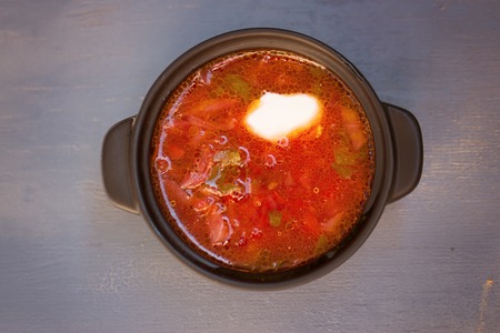Ukrainian  national red soup a borsch closeupの写真素材