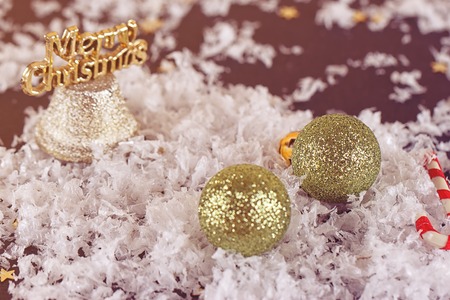 Beautiful Christmas composition with snow-mans close-up, Jingle Bells. Christmas holiday toning ballsの写真素材