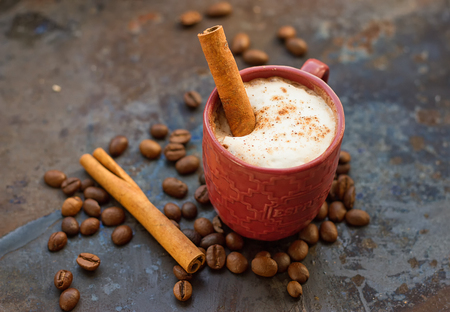 Hot chocolate with cinnamon stick as spoonの写真素材