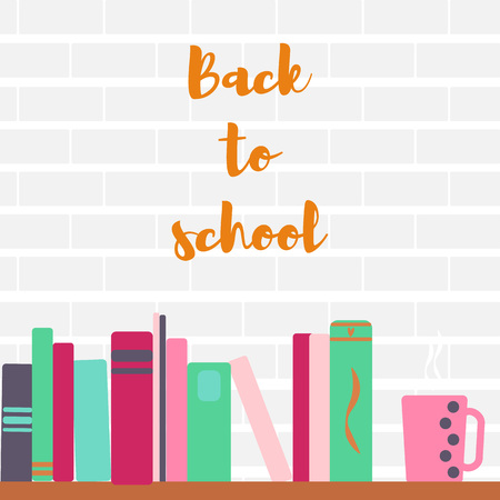 pile of books and tea I love reading concept for libraries, book stores and schools.Back to school. Vector illustrationのイラスト素材
