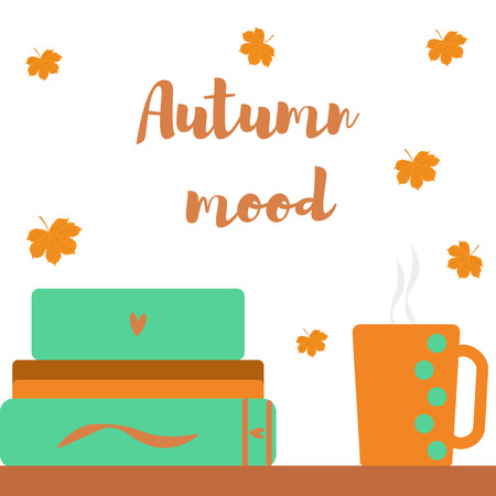 Autumn mood leaves a cup and a book. Vector ilustrationのイラスト素材