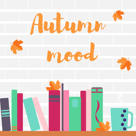 Autumn mood leaves a cup and a book. Vector illustrationのイラスト素材