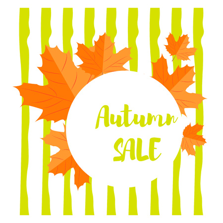 Vector illustration. Set of autumn yellow leaves and round emblem with text autumn sale with background of horizontal linesのイラスト素材