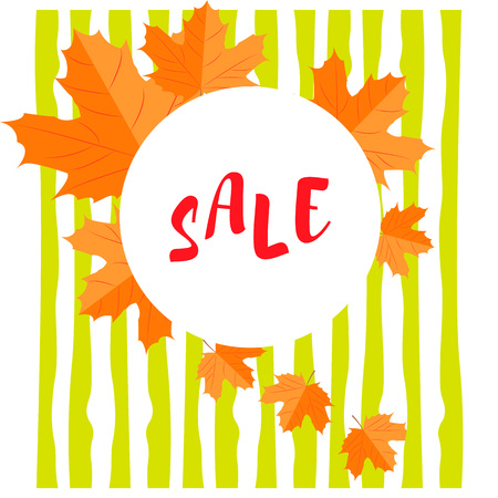 Vector illustration. Set of autumn yellow leaves and round emblem with text autumn sale with background of horizontal linesのイラスト素材