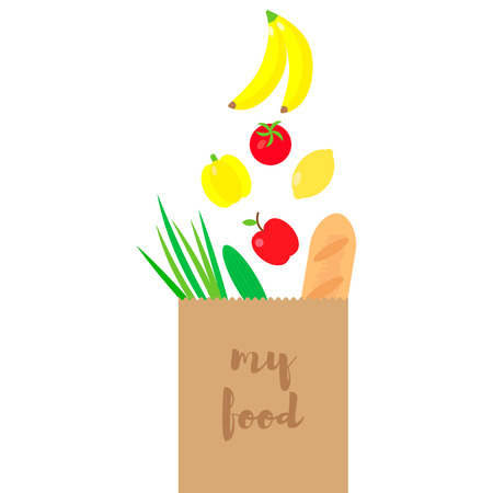 Vector illustration of paper package with fresh healthy produce. Organic products from the farm. Vegetables,fruits, salads and green in bagのイラスト素材