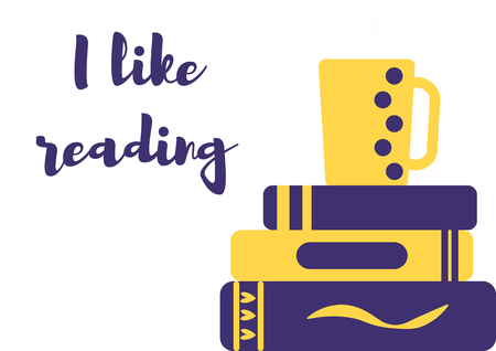 Colored line icon of pile of books and tea I love reading concept for libraries, book stores and schools. Vector illustration isolated. I like readingのイラスト素材