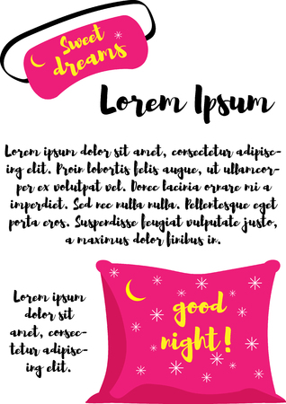 Vector illustration. Template design. Pink pillow with an inscription Sweet dreams and a mask for sleep. With a place under the textのイラスト素材
