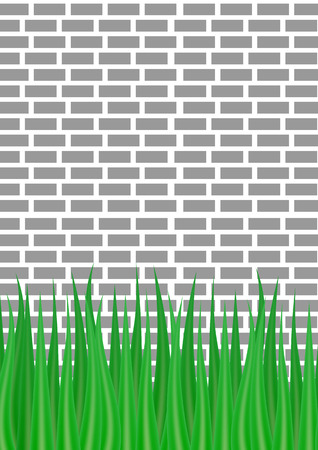 Vector illustration. gray brick wall and green grass from below.のイラスト素材