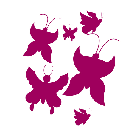 Vector illustration. Silhouettes of pink butterflies. Chaotic on a white backgroundのイラスト素材