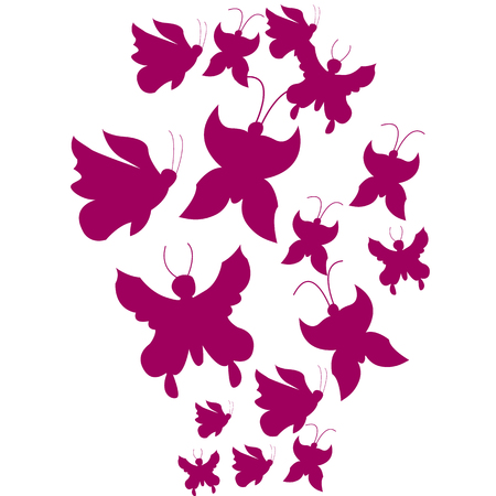 Vector illustration. Silhouettes of pink butterflies. Chaotic on a white backgroundのイラスト素材