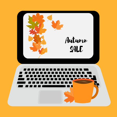 Laptop Vector. Flat icon illustration.Vector illustration. Laptopwith information about the autumn sale on the screen on a color backgroundのイラスト素材