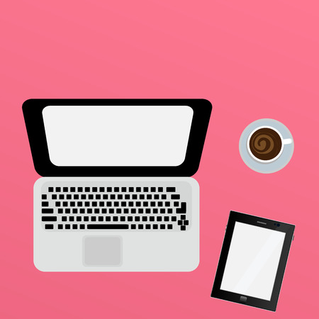 Laptop Vector. Flat icon illustration.Vector illustration. Laptop, tablet and coffee on a color backgroundのイラスト素材
