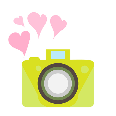 Vector illustration. The old-fashioned color camera. Flat style. hearts in the backgroundのイラスト素材