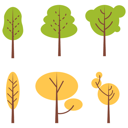 Vector illustration. Set of abstract stylized trees. Primitive style. Summer and autumn green and orange treesのイラスト素材