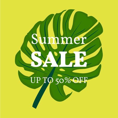 Vector illustration. Background with leaves of tropical monser with space for text. Summer saleのイラスト素材