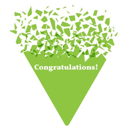 Explosion effect. The geometric figure of a green triangle explodes. Caption Congratulations. Congratulatory banner concept. Vector illustrationのイラスト素材