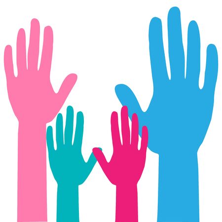 Colorful up hands. Raised hands volunteering. team work Family concept. Hands of mom, dad and childrenのイラスト素材