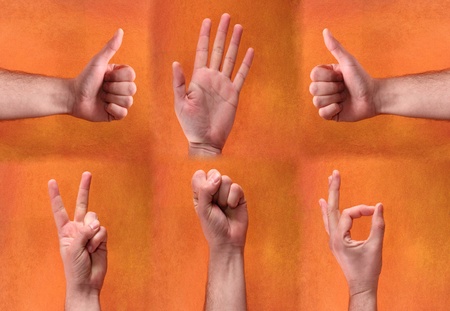 Collage of  hands over orange backgroundの写真素材