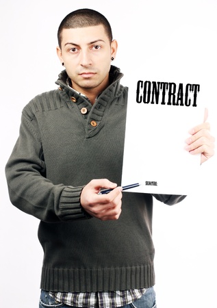 young man show contract on paperの写真素材