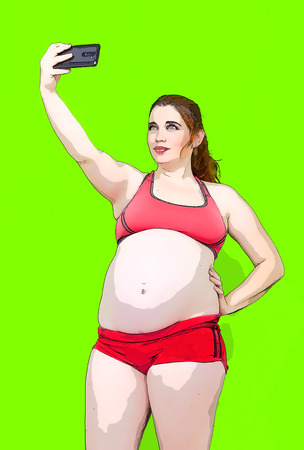 portrait of beautiful pregnant woman making selfie photo. Cartoonの写真素材