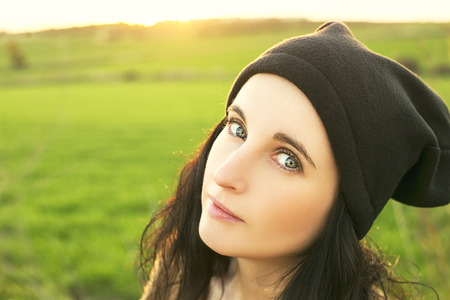 Portrait of young beautiful hipster sporty woman, looking in cameraの写真素材