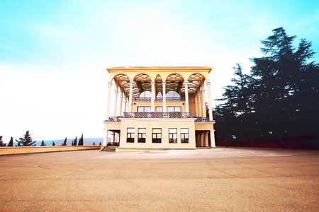 Building of restaurant and the upper station of the funicular in Tbilisi, Georgiaの写真素材