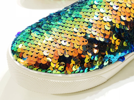 Fashionable shoes on the store shelves close-upの写真素材