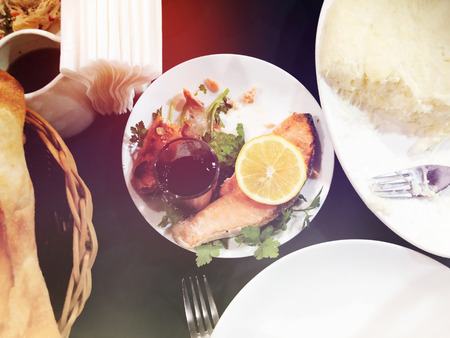 A lot of food on the wooden table. Georgian cuisine.の写真素材