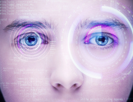 Abstract  eye with digital circle. Futuristic vision science and identification conceptの写真素材