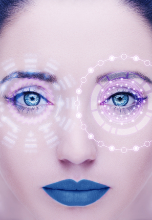Abstract face with digital circle. Futuristic vision science and identification conceptの写真素材