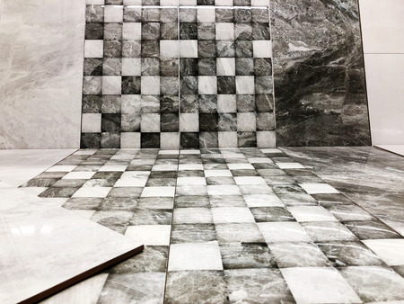 Small black and white decorative square tiles, bricks texture mosaicの写真素材