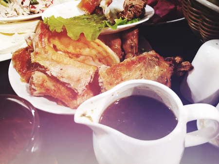 A lot of food on the wooden table. Georgian cuisine.の写真素材