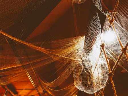 Sea nets background, fishing equipment and old tackle as a decoration for marine style conceptの写真素材