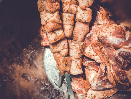 Pork chopped into pieces pepper for frying shish kebabの写真素材