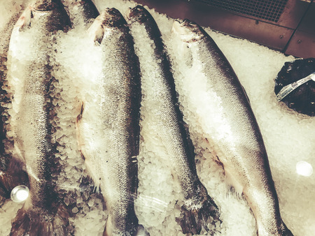 Chilled fish on ice on the counter in the market.の写真素材