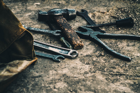 Mechanic tools. Authentic tools. Set of different garage tools