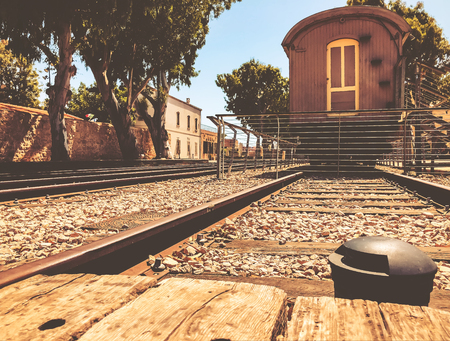 Overview of the rails and a wagon, in the old train station in Tel Aviv, Israel.の写真素材