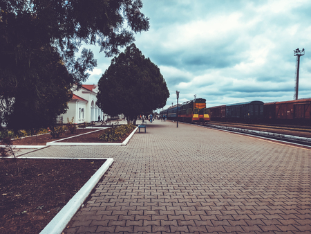 Passenger trains. A platform for trains. Old rusty for passengers.の写真素材