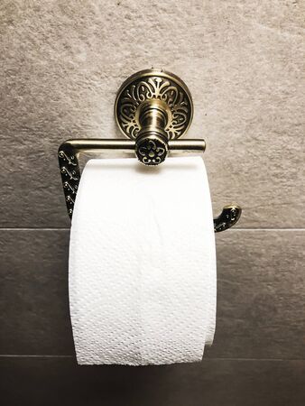 Roll of white toilet paper is hanging in the restroom on the wall. Close-upの写真素材