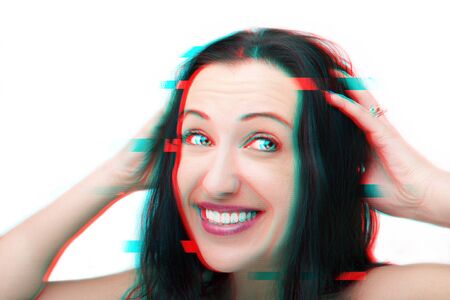 A portrait of beautiful face with beautiful eyes - isolated on white. Glitch effect.