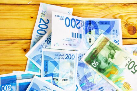 Israely Shekel money bills collection backgroundの写真素材