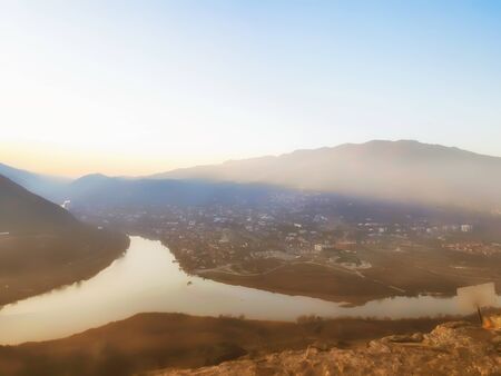 Beautiful view from the old fortress overlooking the stretching mountains and the river.