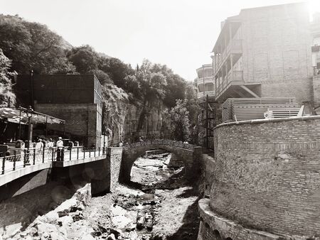 TBILISI, GEORGIA - JULY 10, 2018: Old Tbilisi architecture, windows and balcony exterior decor  in Tbilisi, Georgiaのeditorial素材