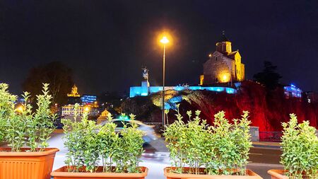 Beautiful night view of the old district. Old Tbilisi, winter in the city