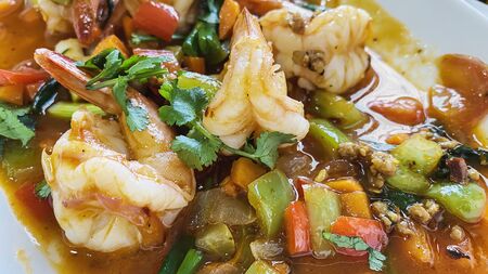 Spicy Shrimp, Mussel, Squid Salad Hot And Sour. Thai Food.の写真素材