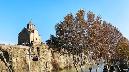 TBILISI, GEORGIA  DECEMBER 14, 2019:  Old Tbilisi architecture, Metekhi church  in Tbilisi, Georgia.